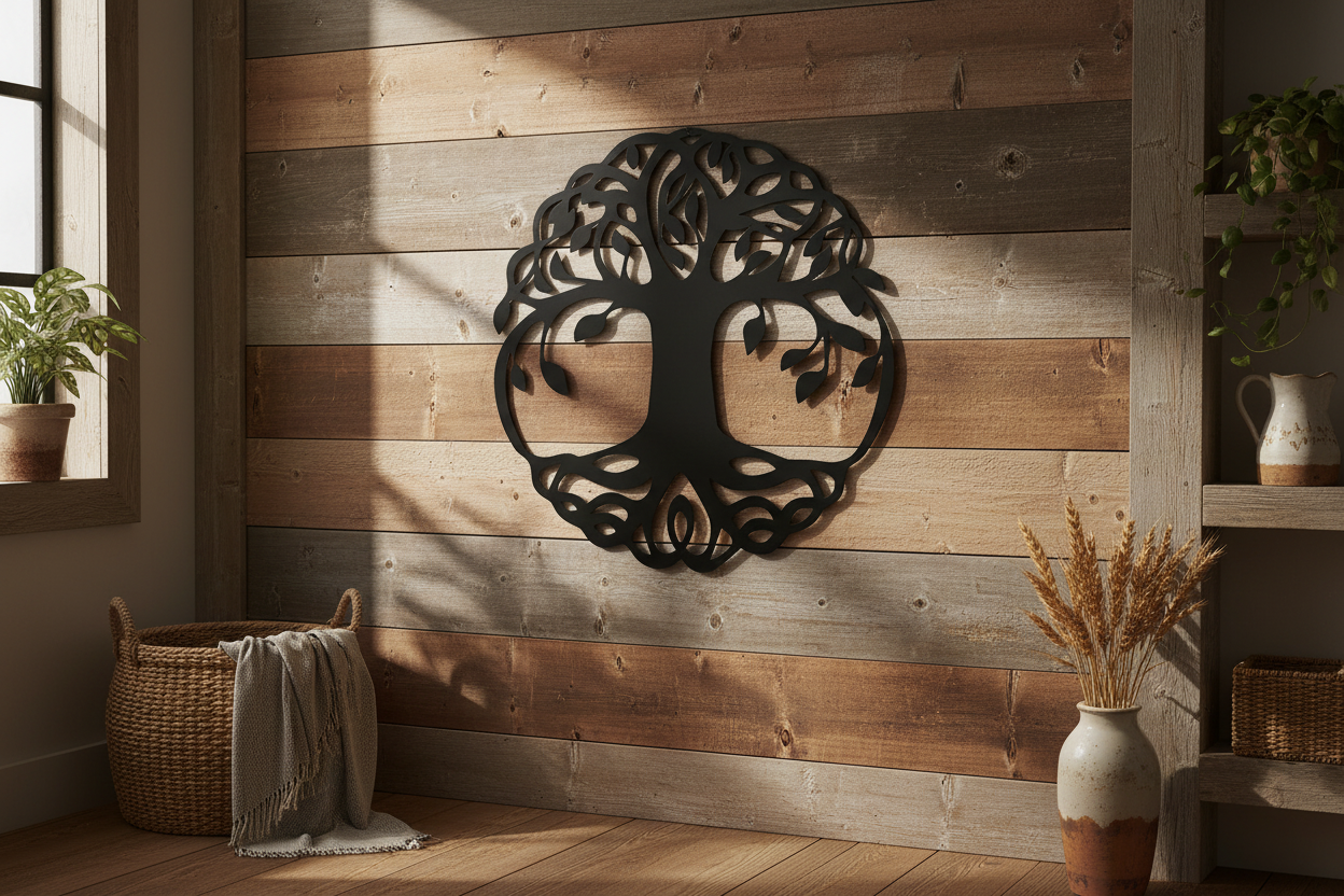Classic Tree of Life Steel Sign hanging on a rustic farmhouse wall
