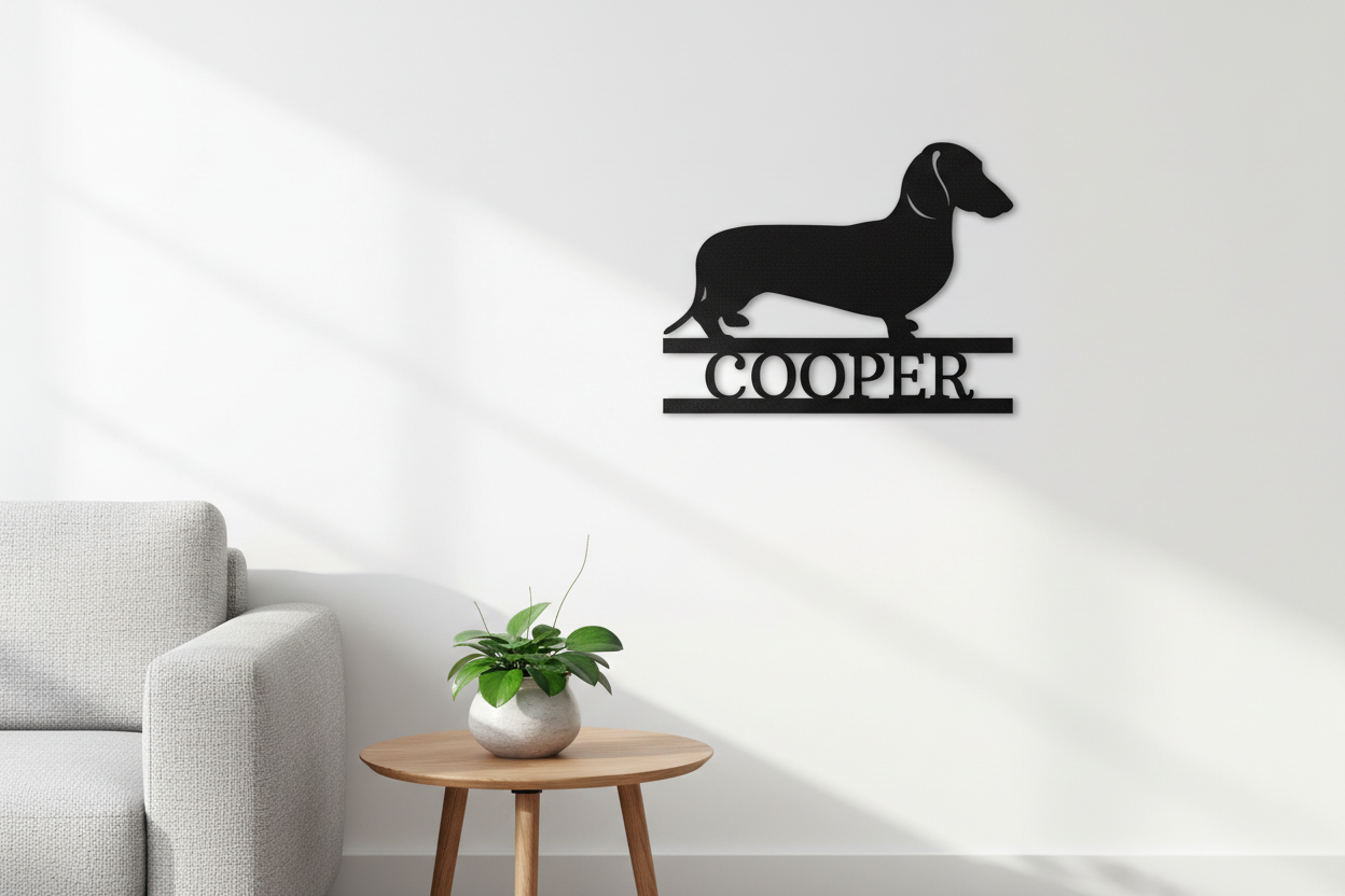 Dachshund Monogram Steel Sign hanging on a modern white wall