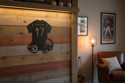 Baseball Gear Monogram Steel Sign hanging on a rustic wood wall