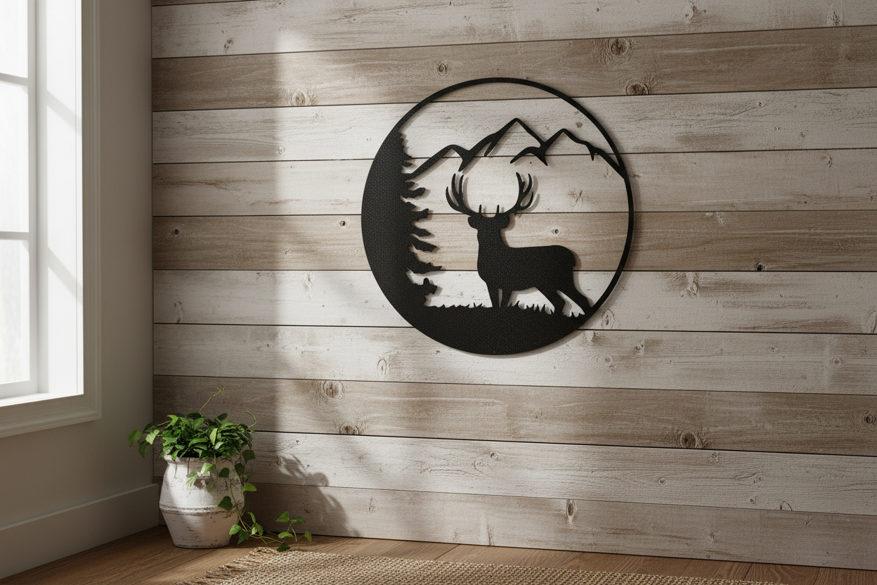 Graceful Deer black steel sign hanging on a rustic farmhouse wall