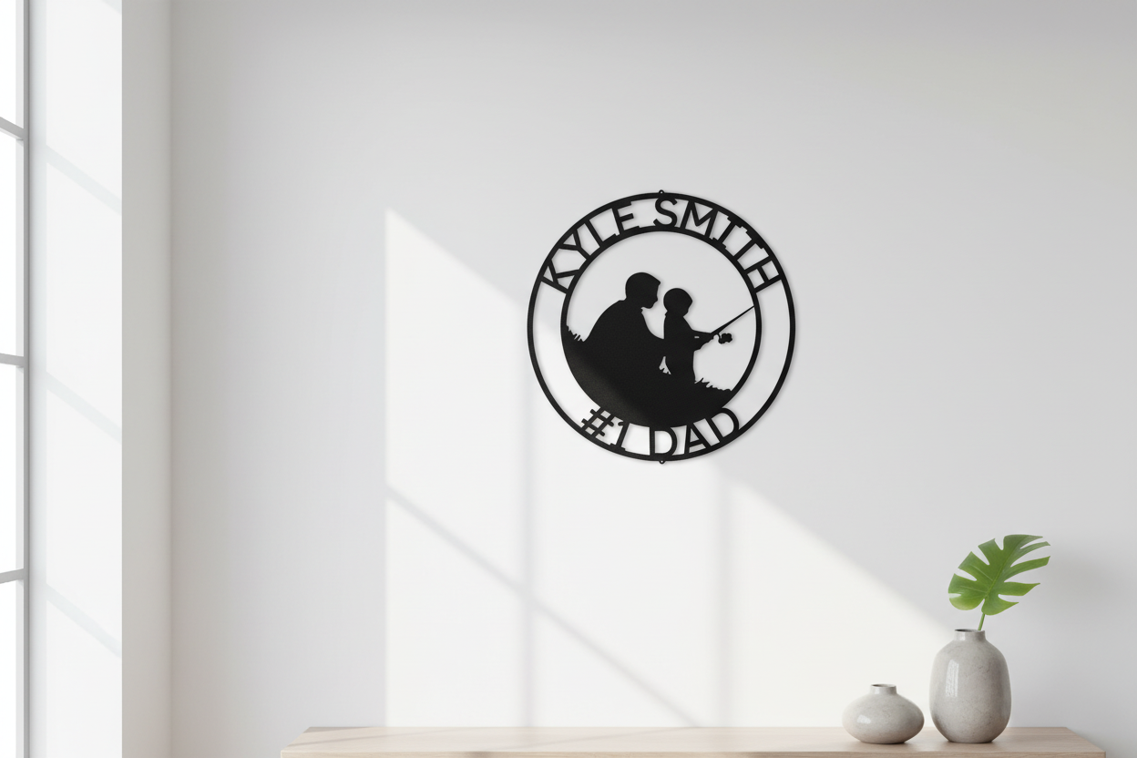 Father and Son Fishing Monogram Steel Sign hanging on a modern white wall