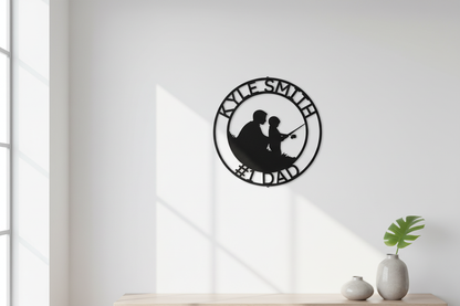 Father and Son Fishing Monogram Steel Sign hanging on a modern white wall