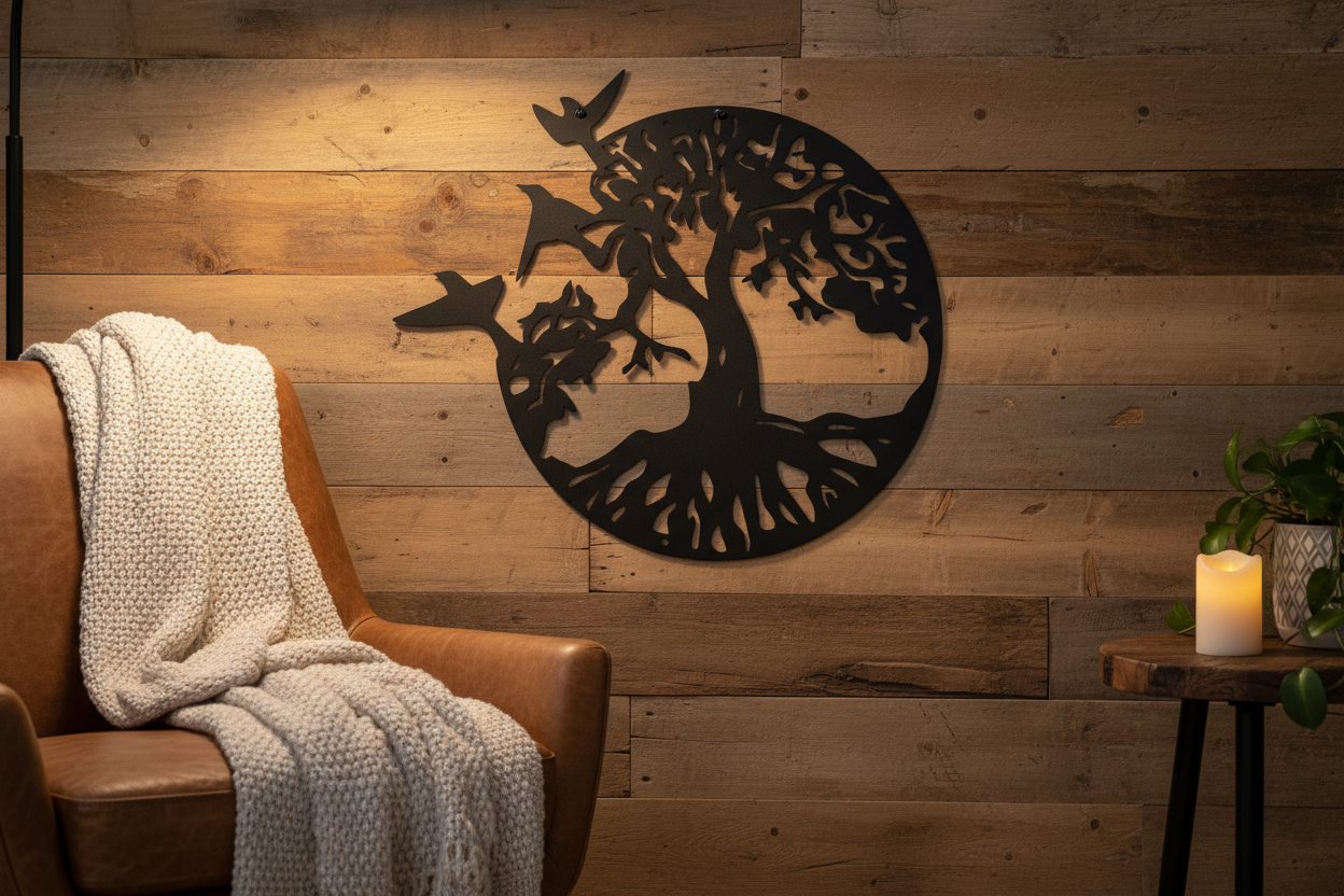 Take Flight Tree Steel Sign hanging on a rustic wood wall