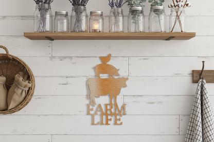 Farm Life Animals Steel Sign mounted on a rustic whitewashed shiplap wall in a farmhouse setting with wooden shelf, mason jars, and warm lighting