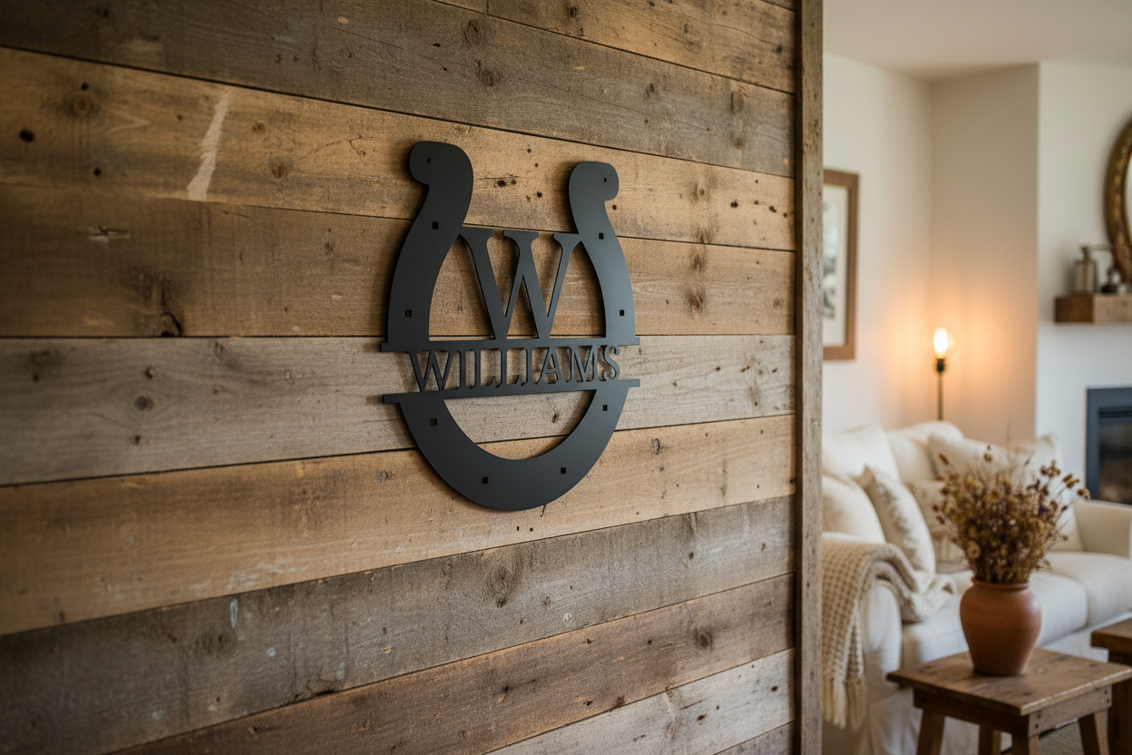 Custom Horseshoe Monogram Steel Sign hanging on a rustic wood wall