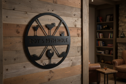 19th Hole Casual Monogram Steel Sign hanging on a rustic man cave wall