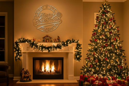 Christmas Ring Monogram Steel Sign displayed in a festive Christmas living room with a lit tree, nativity set, and glowing fireplace