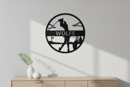 Female Golfer Monogram Steel Sign hanging on a modern gray wall