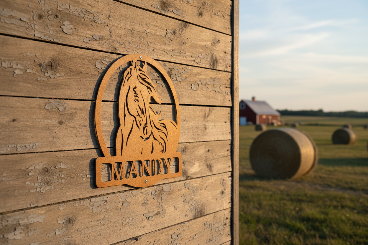 New Horse Monogram Steel Sign mounted on a rustic barn wood wall with open farm fields and warm golden hour sunlight in the background