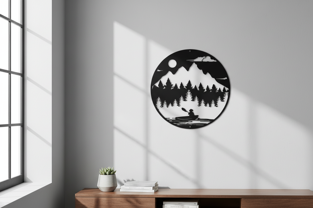 Canoe the Wild Steel Sign hanging on a modern gray wall