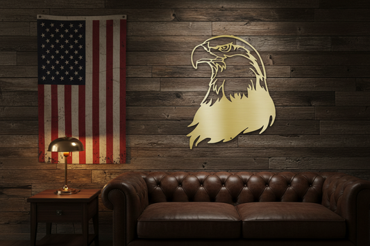 Bald Eagle Head Steel Sign mounted on a rustic reclaimed wood wall in a patriotic American-themed room with warm moody lighting