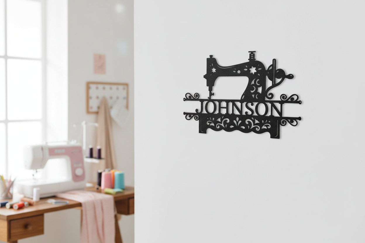Sewing Monogram Steel Sign hanging on a modern white wall