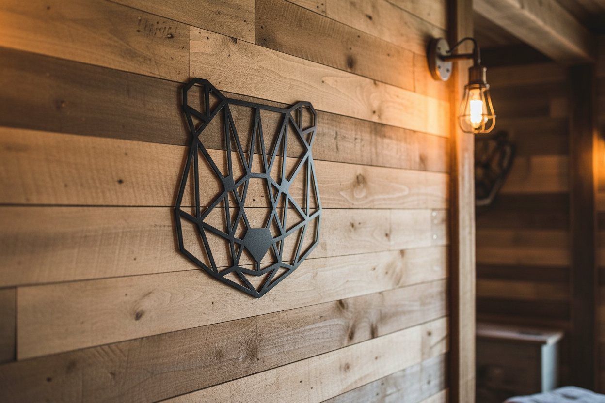 Geometric Bear black steel sign hanging on a rustic farmhouse wall