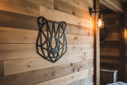Geometric Bear black steel sign hanging on a rustic farmhouse wall