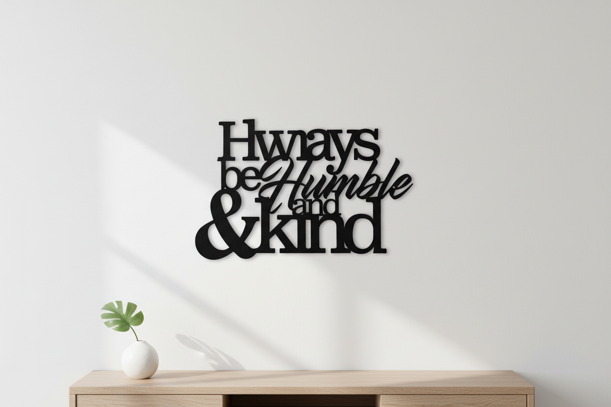 Humble and Kind Steel Sign hanging on a modern white wall