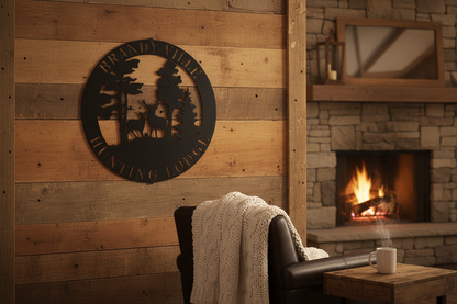 Deer Scene Steel Sign hanging on a rustic farmhouse wall
