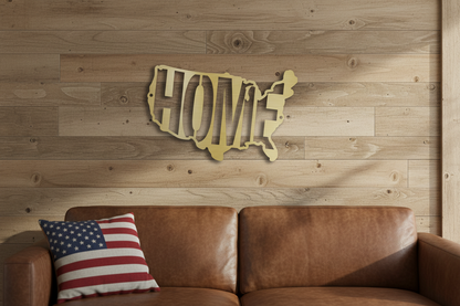 USA Home Steel Sign lifestyle photo - gold finish mounted on rustic wooden wall in American living room
