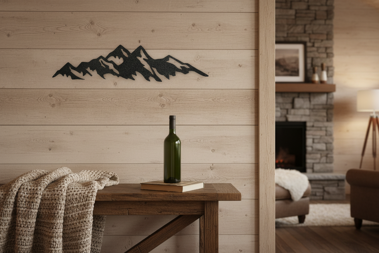 Black Mountain Ridge Metal Sign hanging on wall, 24 inch lifestyle photo with scale reference