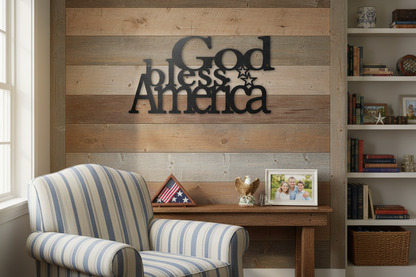 God Bless America black steel sign mounted on rustic wooden wall lifestyle photo