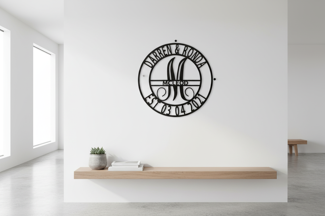 Elaborate Name Steel Sign hanging on a modern white wall