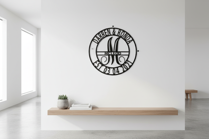 Elaborate Name Steel Sign hanging on a modern white wall
