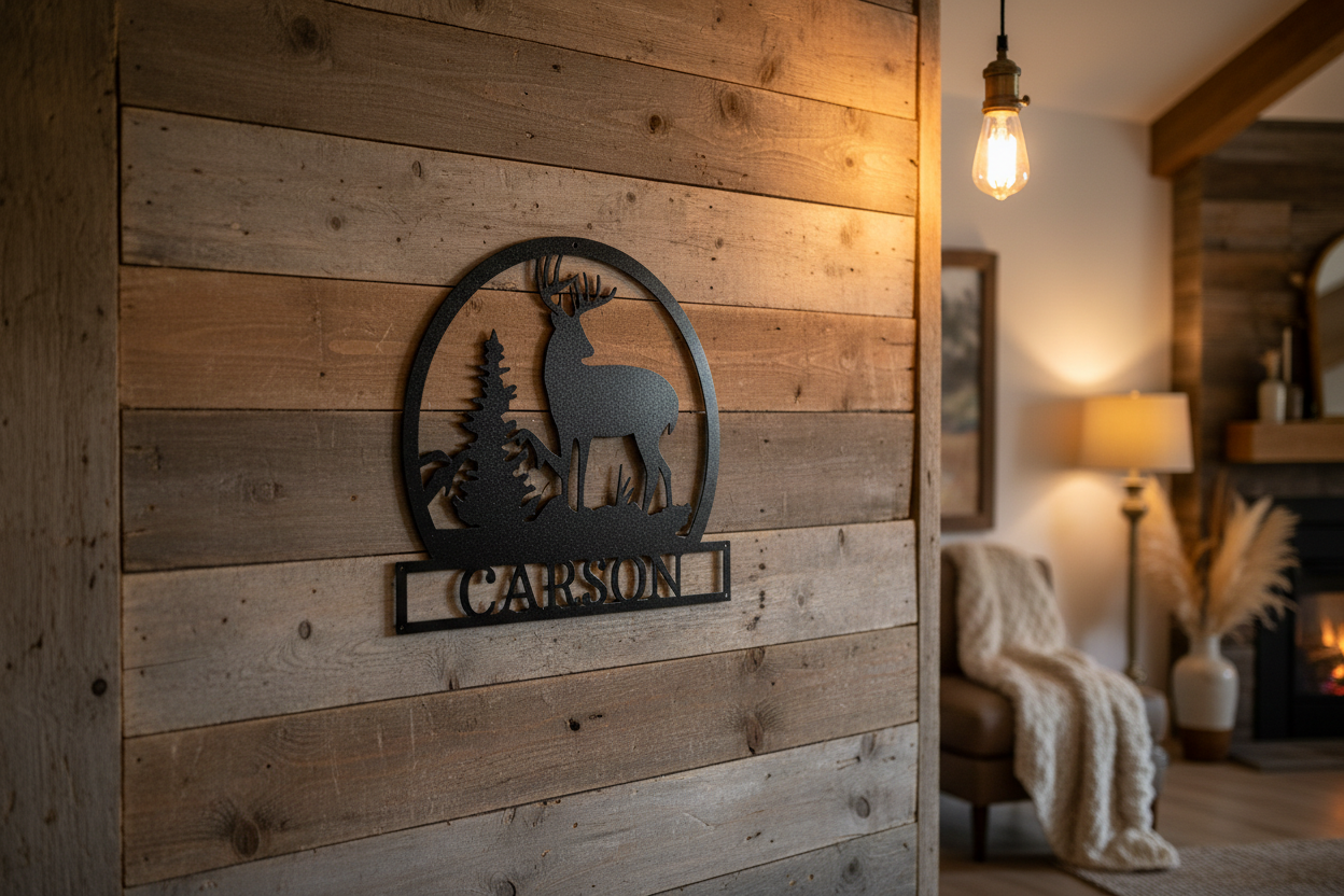Outdoor Buck Monogram Steel Sign hanging on a rustic wood wall