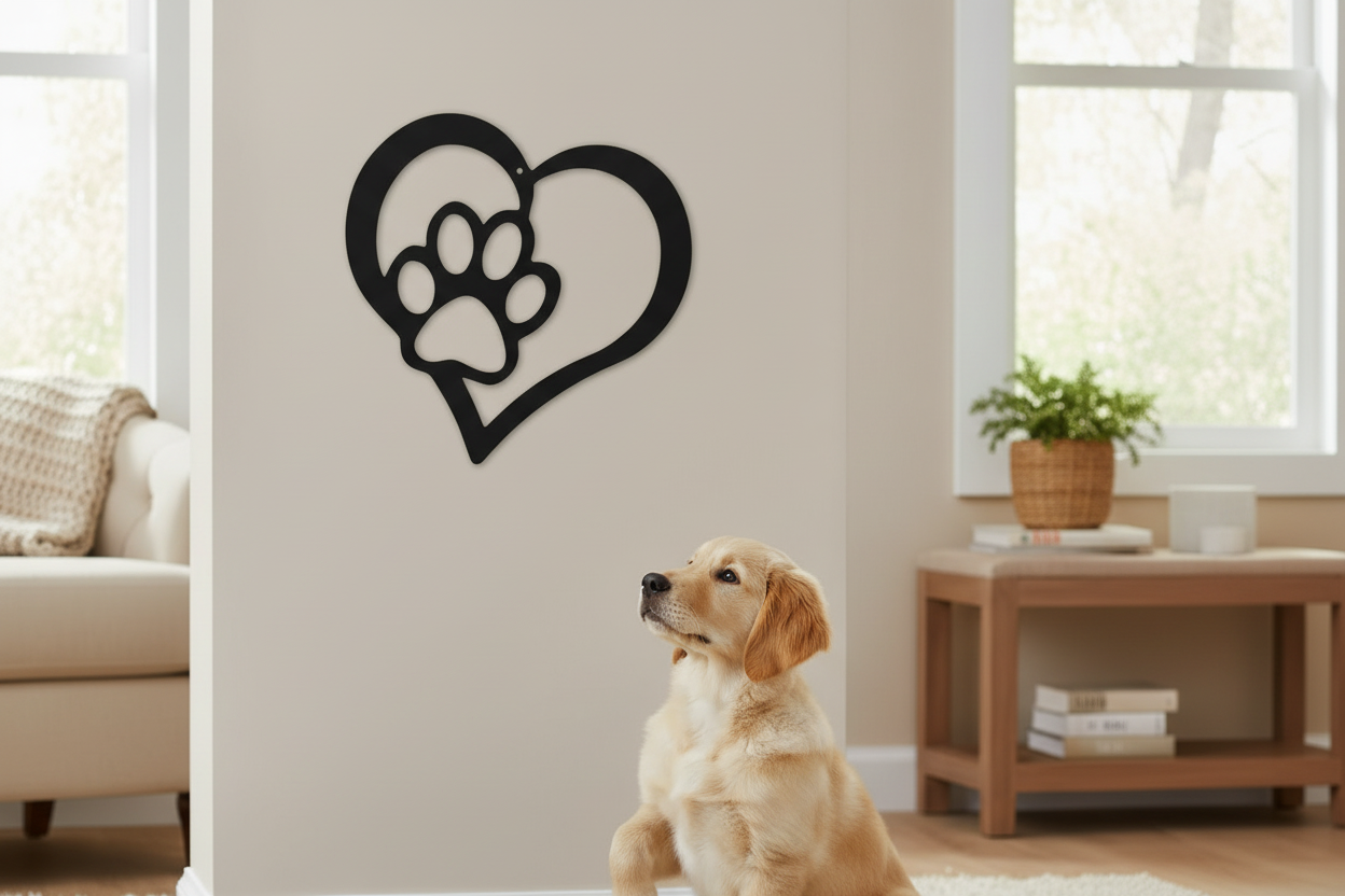 Puppy Love Steel Sign hanging on a modern gray wall
