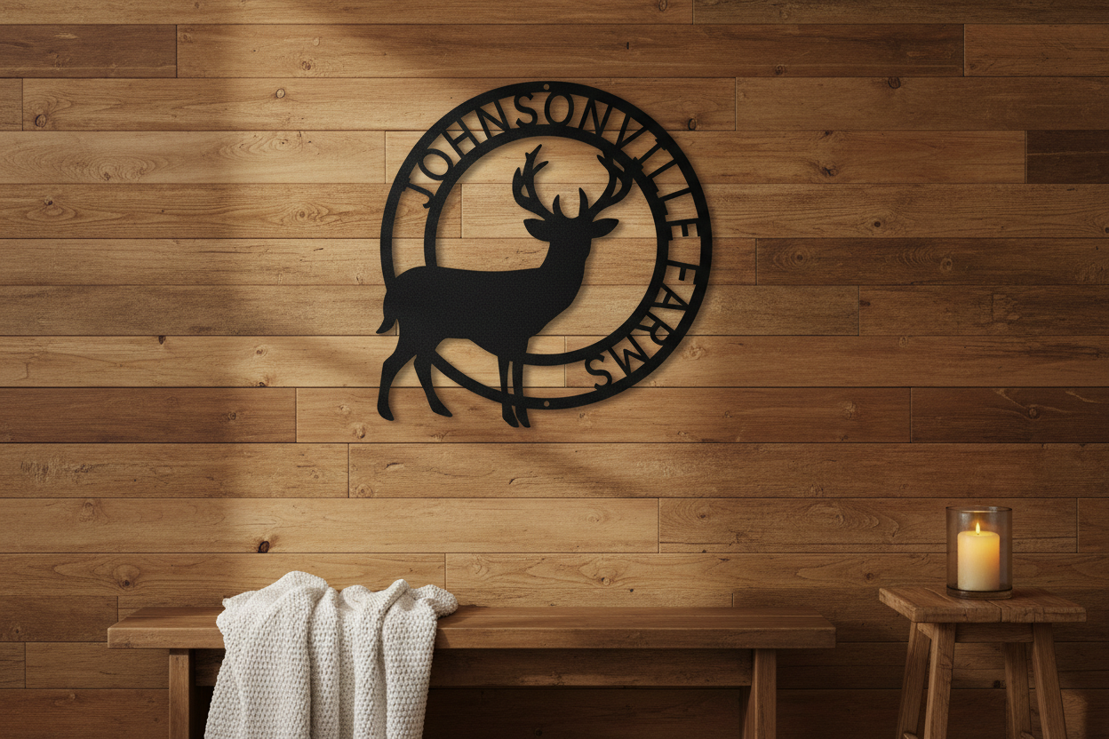 Stag Monogram black steel sign hanging on a rustic farmhouse wall