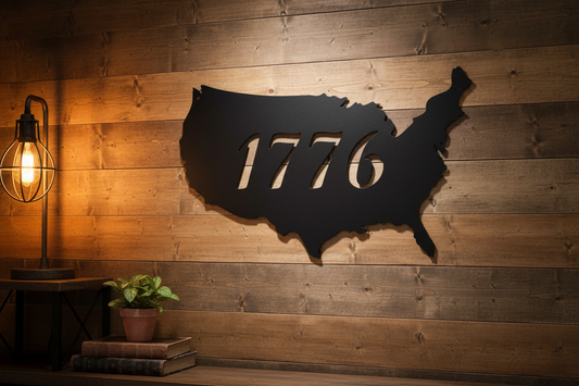 1776 black steel sign hanging on an American-style wall