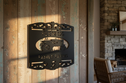 Classic Tractor Monogram Steel Sign on a rustic farmhouse wall