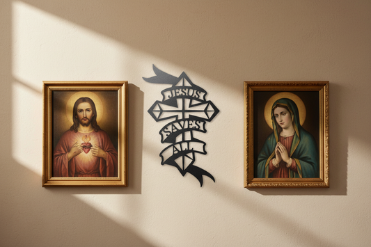Black Jesus Saves All steel sign on wall flanked by Immaculate Heart of Jesus and Virgin Mary portraits