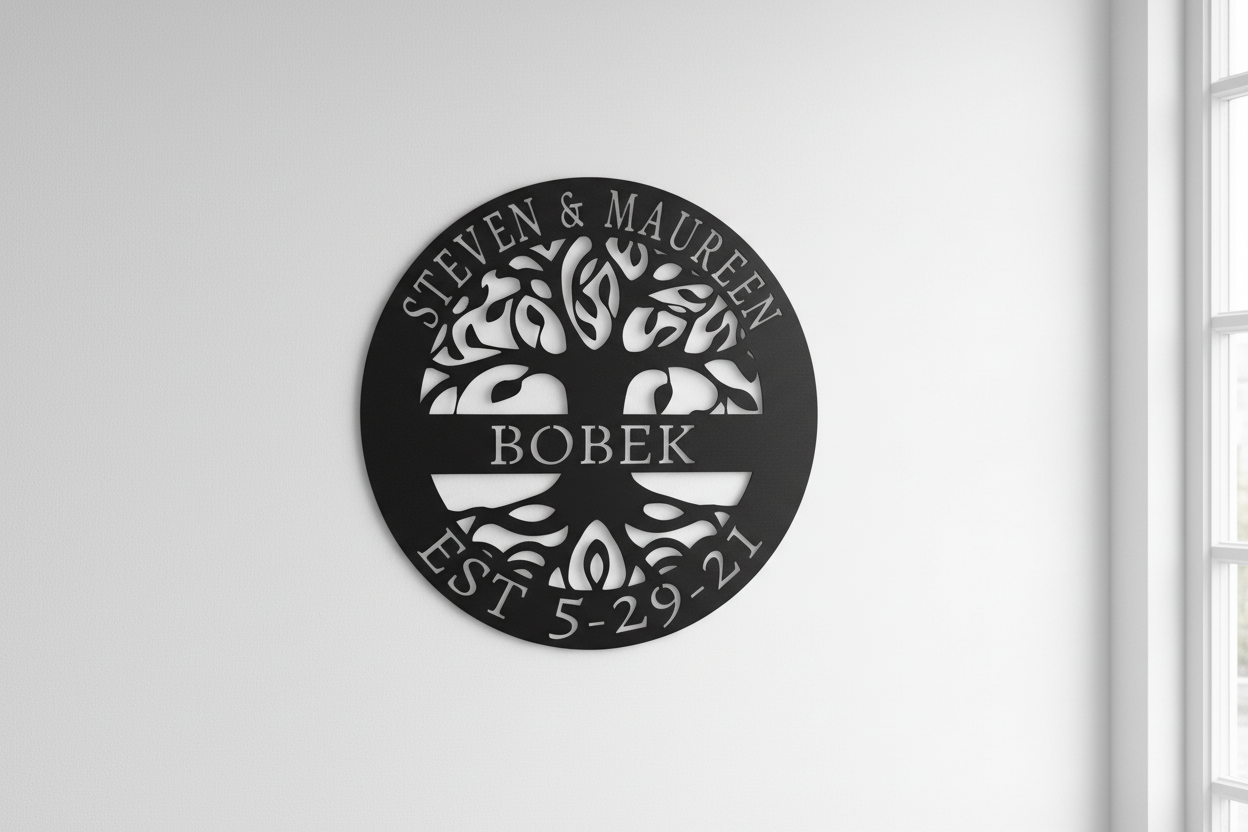 Elaborate Tree of Life Steel Sign hanging on a modern white wall