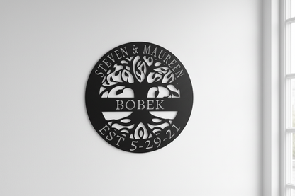 Elaborate Tree of Life Steel Sign hanging on a modern white wall