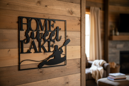 Kayaking Steel Sign hanging on a rustic wood wall