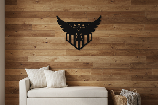 Swooping Eagle black steel sign hanging on a rustic farmhouse wall