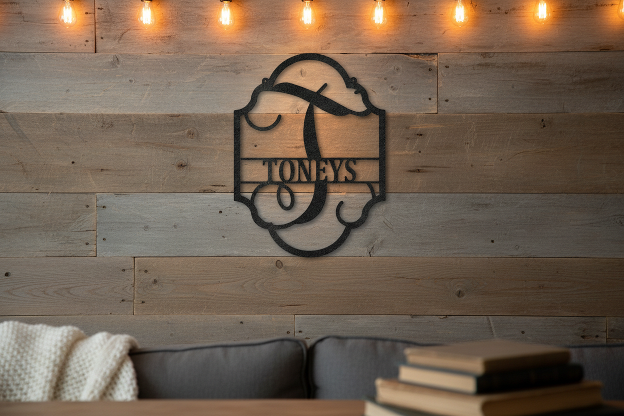 Family Name Plaque Steel Sign in black mounted on a rustic reclaimed wood shiplap wall with warm Edison bulb lighting