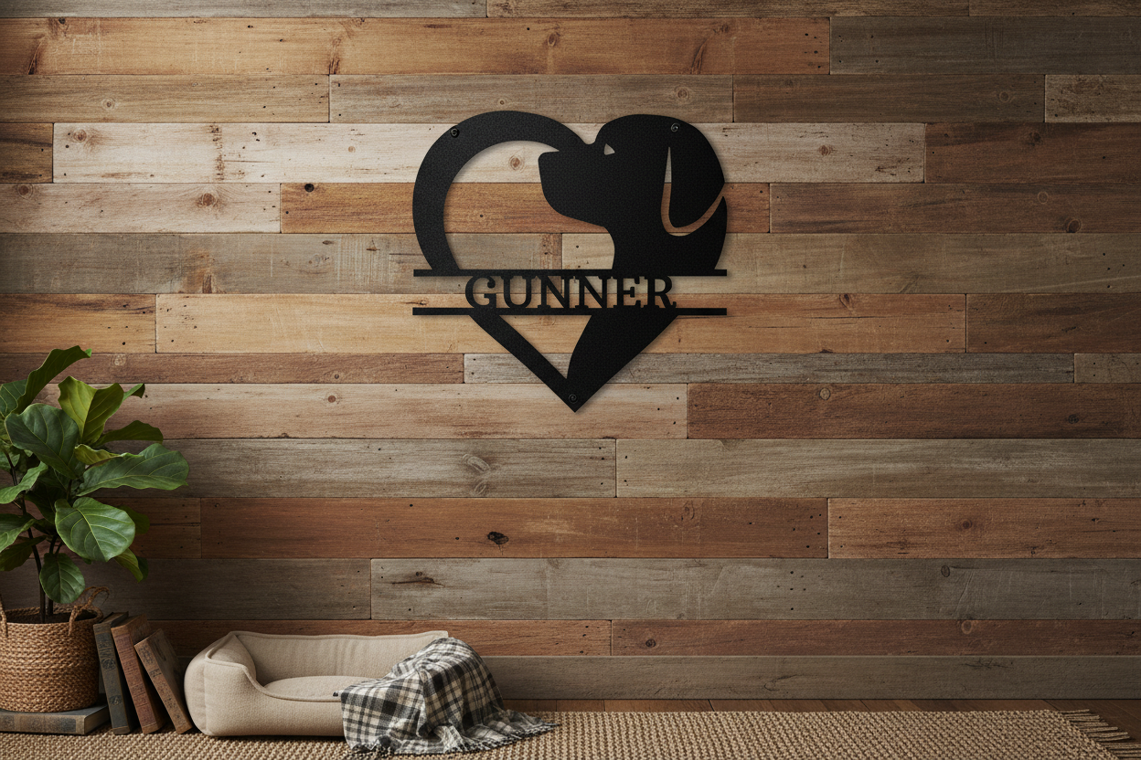 Dog Love Monogram Steel Sign hanging on a rustic wood wall