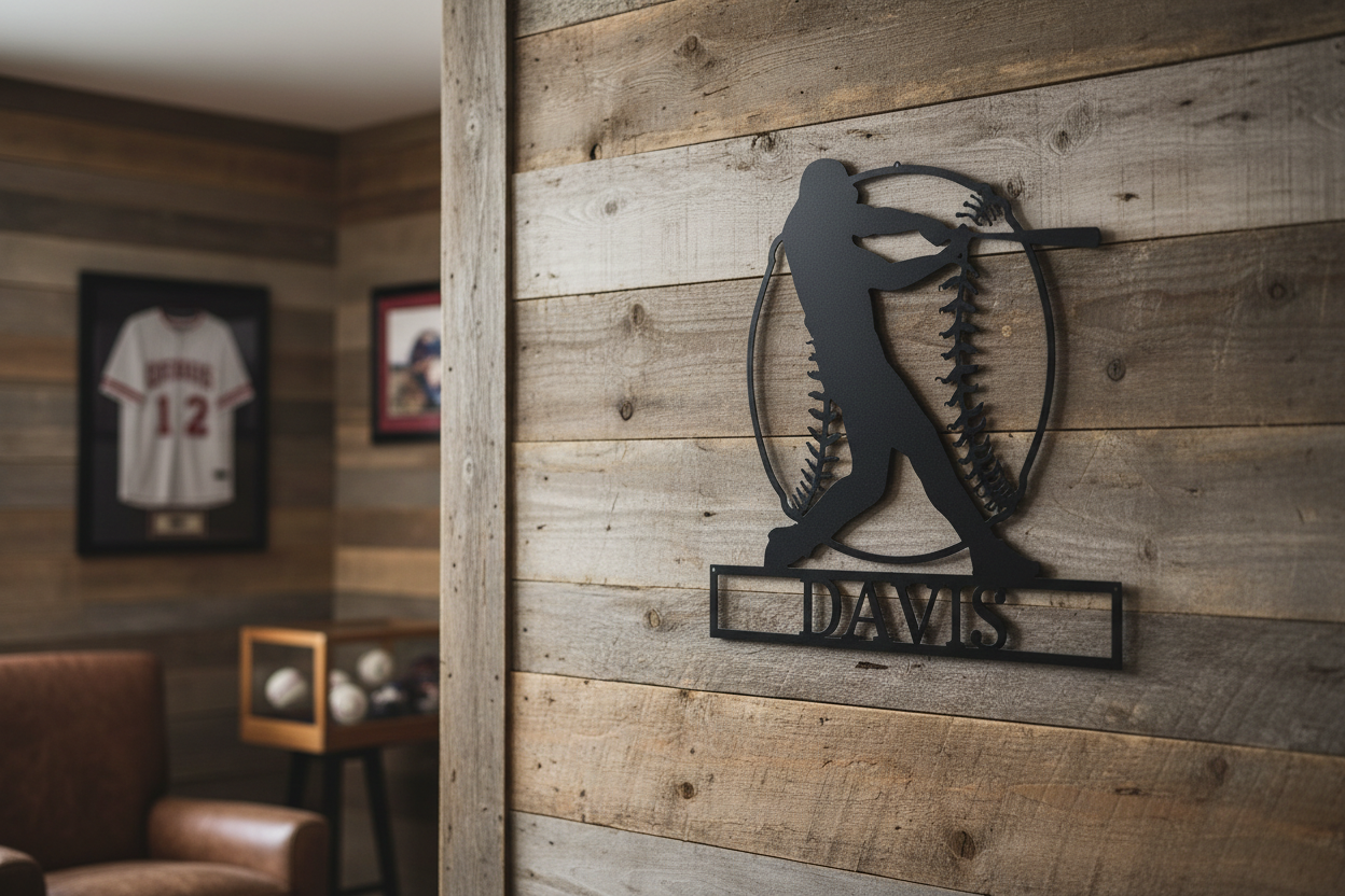 Home Run Monogram Metal Sign hanging on a rustic wood wall