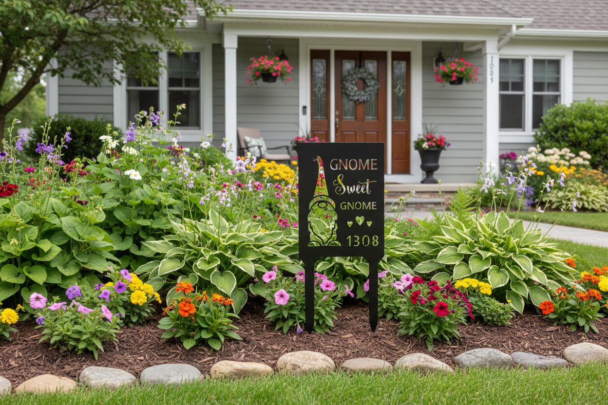 Gnome Home Steel Stake displayed in an outdoor garden setting